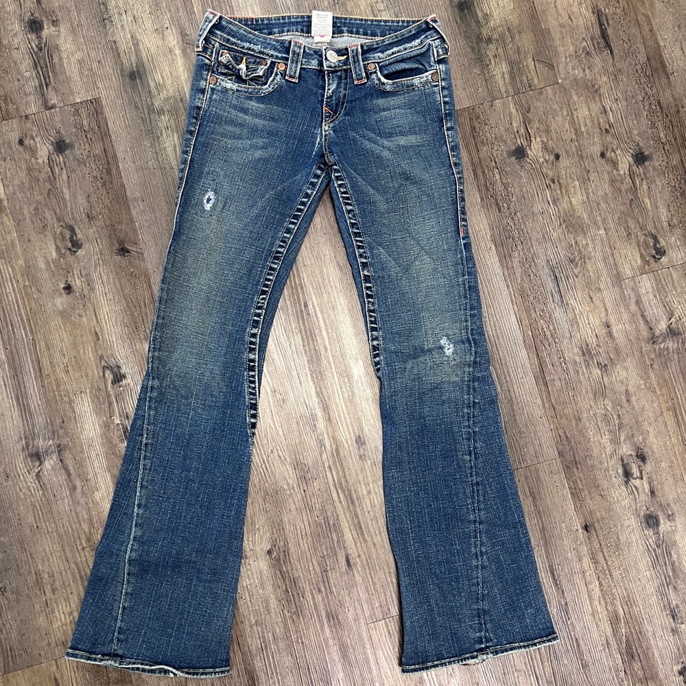True Religion World Tour Flared Dark Blue Jeans - Size 28